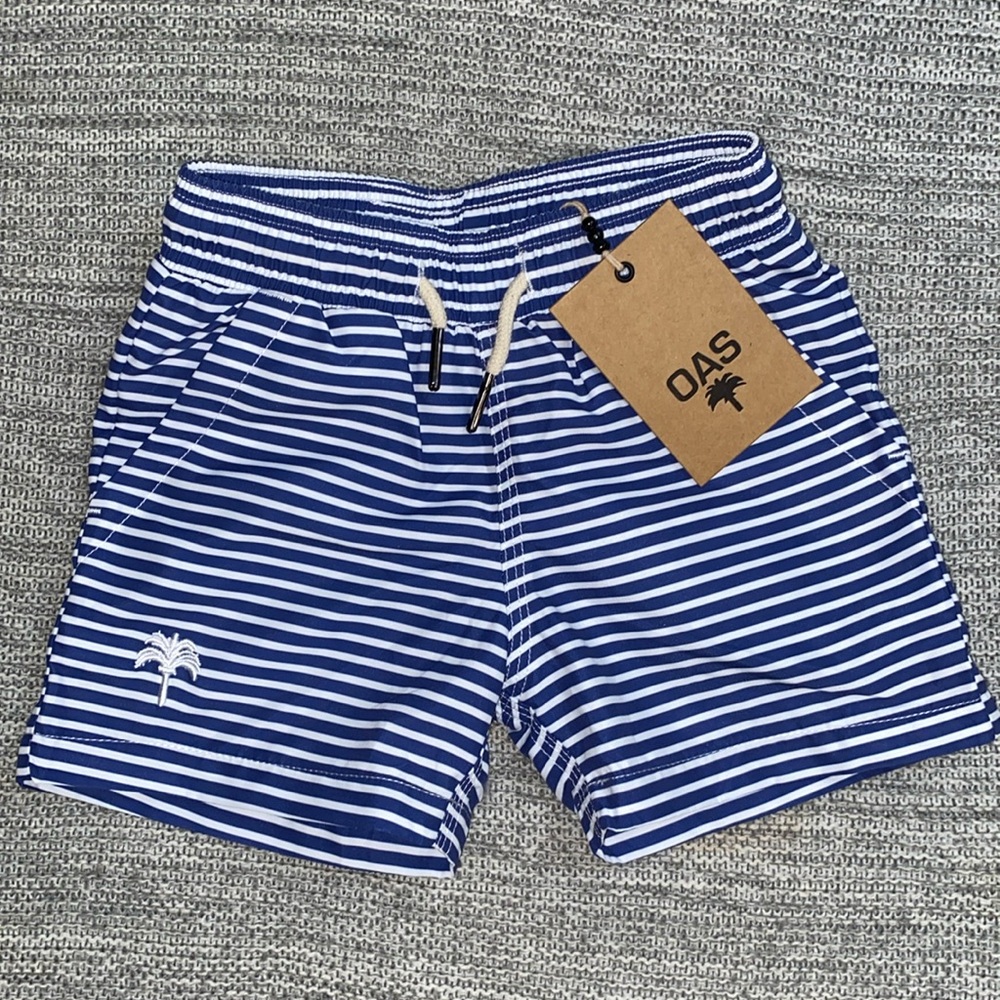 OAS toddler boy swim trunks sz 2 new stripes Busy Blue fast dry
